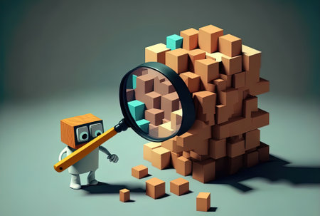 Data analysis concept with wooden blocks and a side view of a magnifying lensの素材