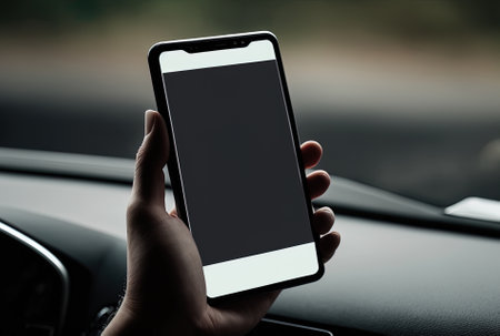 a close up of a hand holding a smartphone in a car with a white blank screenの素材