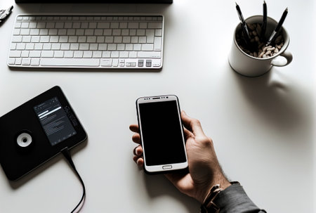 a hand holding a phone while positioned on a white office desk.の素材