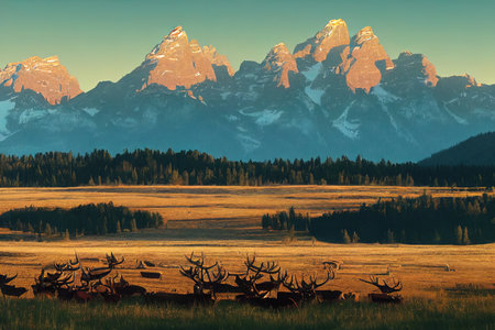 Elk herd in valley adjacent to Jackson Wyoming, near Teton Mountain Range and National Parkの素材