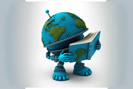 Earth globe adorned blue book figure mascot on a white backdrop.の素材