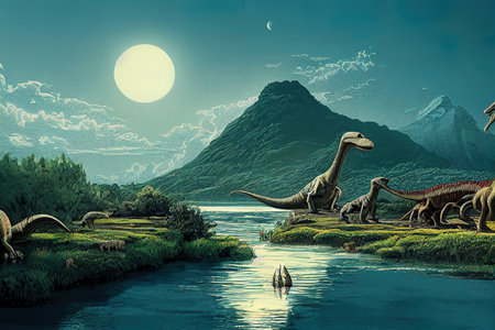 Dinosaurs living by the river illustrationの素材
