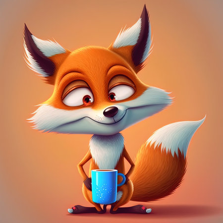 Cute cartoon fox character with coffee cupの素材