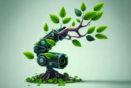 Concept of ecology technology with a robot arm and green foliageの素材