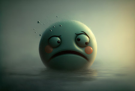 Emoticon of a sorrowful face floating in the air.の素材