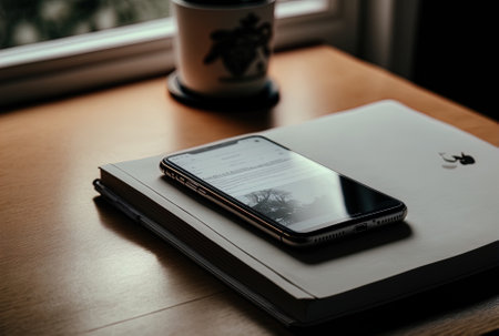 a mobile phone in profile on a work desk, during an online studyの素材