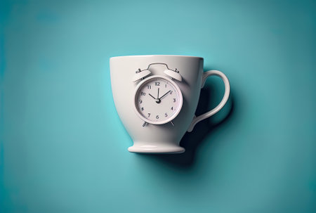 Flat lay of a white cup with an alarm clock on a blue backdropの素材