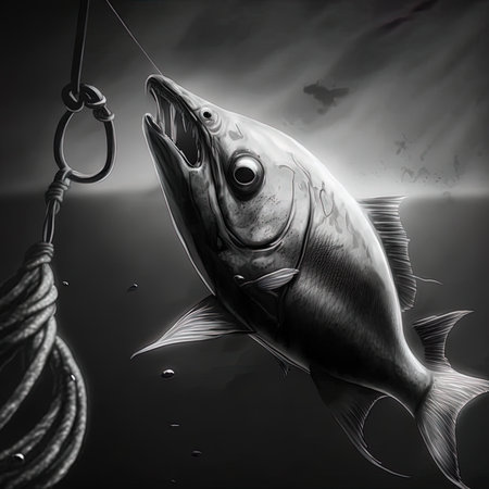 Fish and hook. Ink black and white drawingの素材