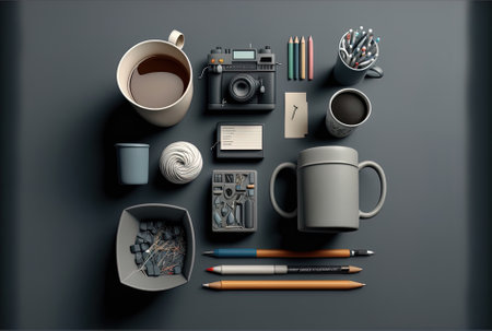 a gray backdrop with an aerial shot of office supplies and a coffee cupの素材