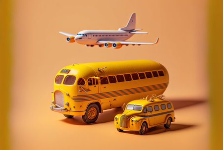 composition of a toy bus and an aircraft on a yellow backgroundの素材