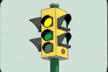 close up of a traffic signal with a signの素材
