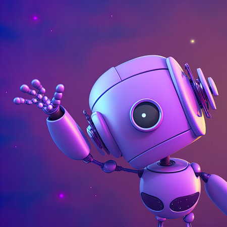 Cute robot reaching for a star isolated over purple background. Technology concept. 3d rendering.の素材