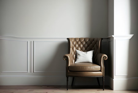 a room with a leather chair against a blank white wallの素材