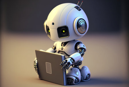 adorable artificial intelligence (AI) helper robot with a notebook computerの素材