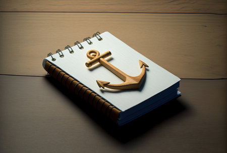 a little wooden anchor and a white notepadの素材