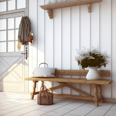 Farmhouse entryway. Wooden bench near white wall. Interior mockup. 3d render.の素材