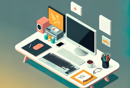 Flat lay image of an office workstation with a background of copy spaceの素材