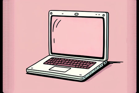 a pink background, a white blank screen, and an open laptopの素材