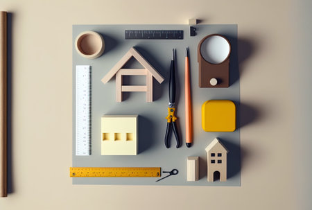 Flat lay of architectural tools for building with copyspaceの素材