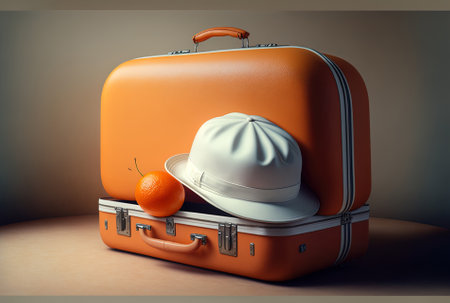 a white cap and an orange suitcaseの素材
