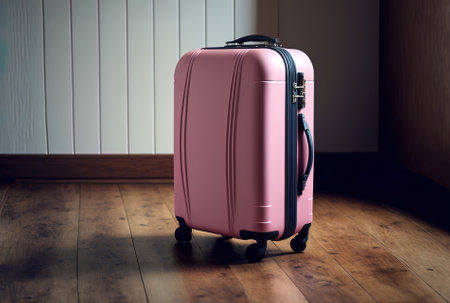 a wheeled pink travel case sits on a hardwood floorの素材
