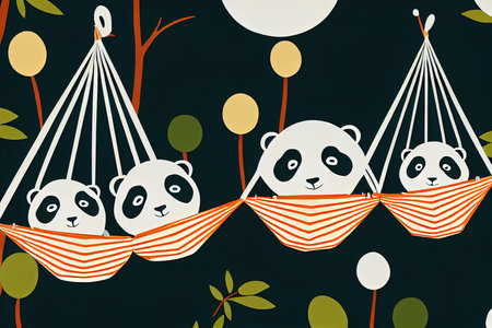cute pandas lying in hammock for child room wallpaper designの素材