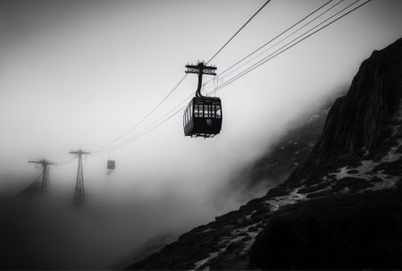 cableway in a low angle against a foggy skyの素材