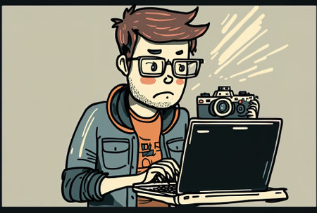 blogger using a laptop to stream internetの素材