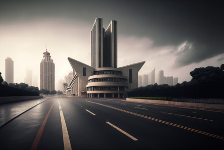contemporary Chinese city iconic buildings on an empty road surfaceの素材