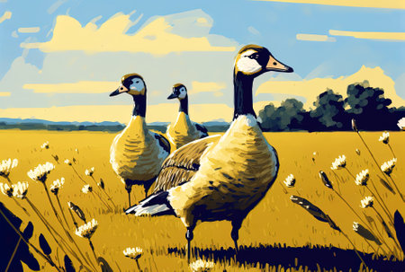 Geese in a field are shown in selective focusの素材