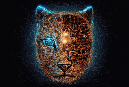 Hologram technology with a bitcoin crypto face head and abstract furry designの素材