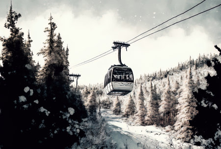 Image of a ropeway across a woodland covered in snow on a mountainの素材