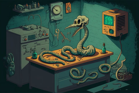 In the lab, a snake is devouring a dead ratの素材
