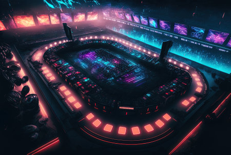 Neon lit e sports arena in the middle of the stadium with a large joystickの素材