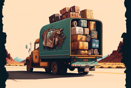 Illustration of a truck transporting stuff while travelingの素材