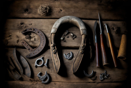 Horseshoes and tools on a weathered wood backgroundの素材