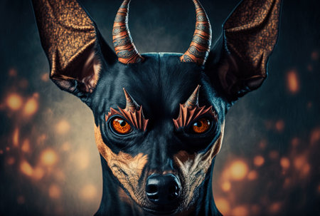 Pinscher dog during a carnival or Halloween celebration with demonic horns.の素材
