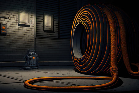 Metal hose pipe standing alone in a dark areaの素材