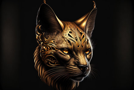 Golden cat head on a black backdrop as a symbolの素材