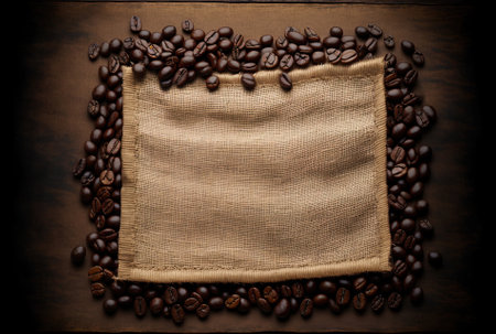 Roasted coffee beans isolated on a background of burlap cloth with room for textの素材