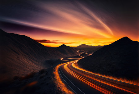 Long exposure of a road with hills and lights as a gorgeous sunset is taking placeの素材