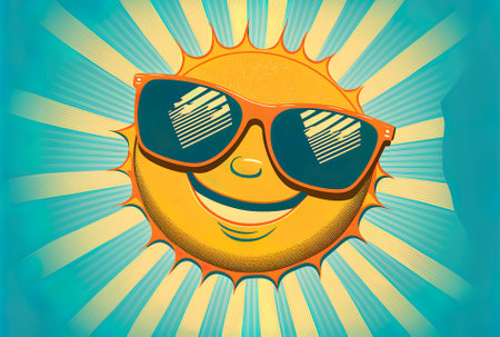 Illustration of a smiling sun with sunglasses on a summer vacation.の素材