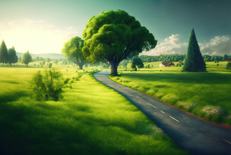 Grassy meadows and green trees surround a roadの素材
