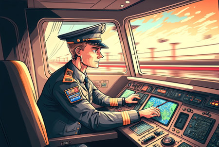 Professional driver driving high speed train in uniform inside train cockpitの素材