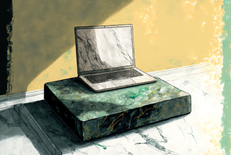 On a marble table, a laptopの素材