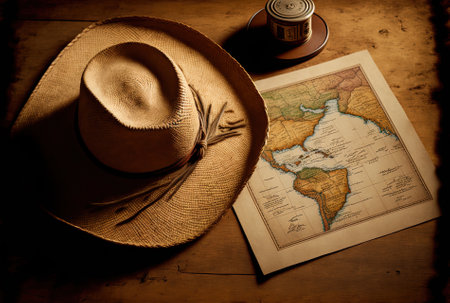 Straw hat, map, and copy spaceの素材