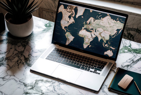 On a marble background, a laptop and mapsの素材