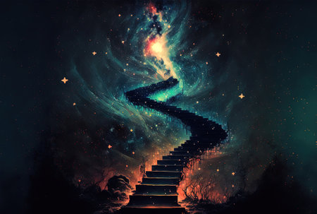 Illustration painting Steps up into the cosmos dark and dazzling starsの素材