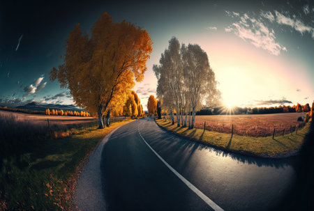 Panorama of an asphalt road in a rural area on a lovely fall evening.の素材