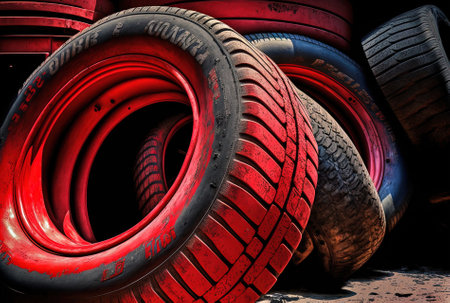 Roadside vehicle tires with red paintの素材